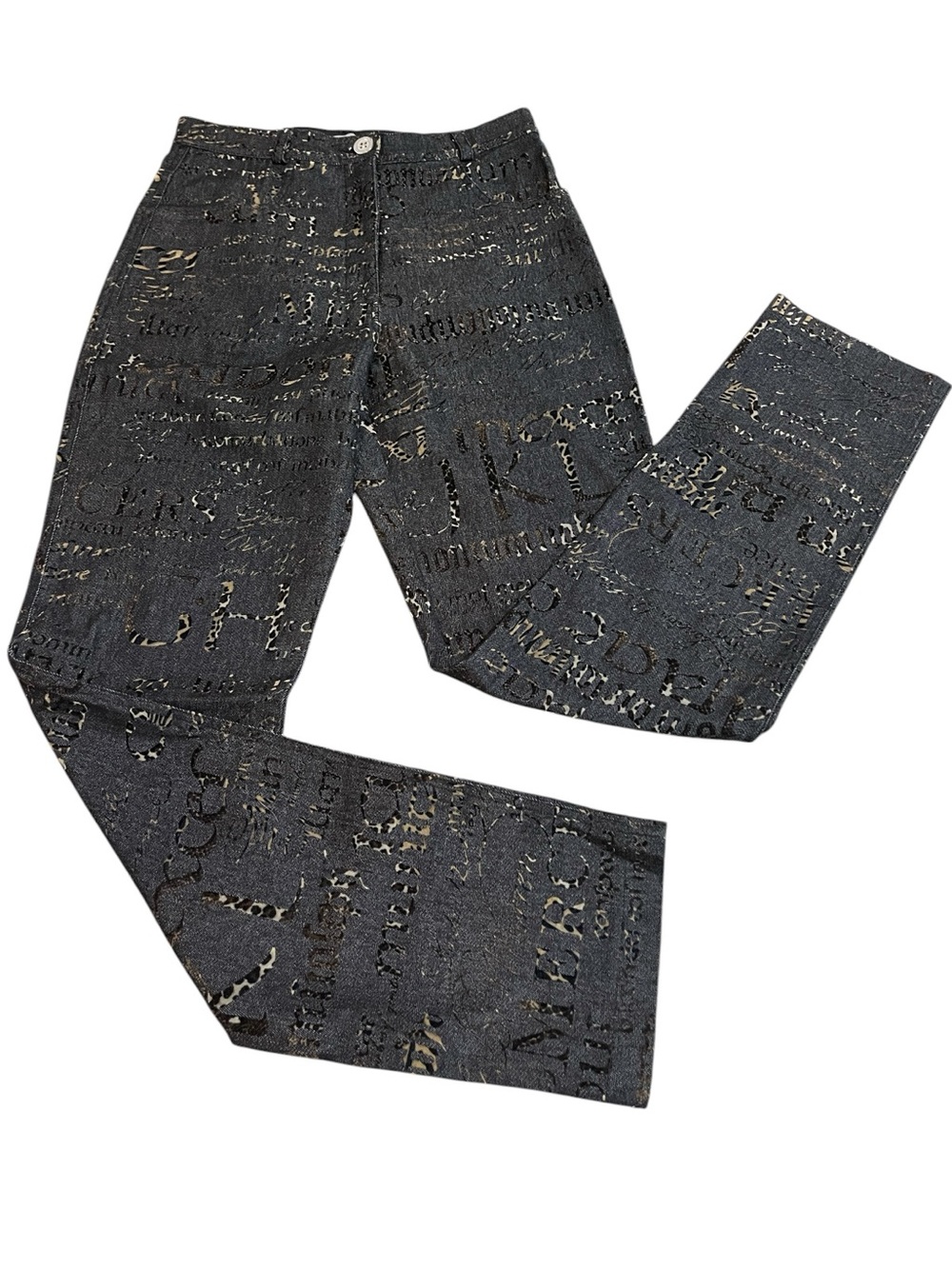 WALKING ART AUSTRALIA HIGH WAISTED LEOPARD PRINT LETTERING ON BLACK DENIM SZ 6